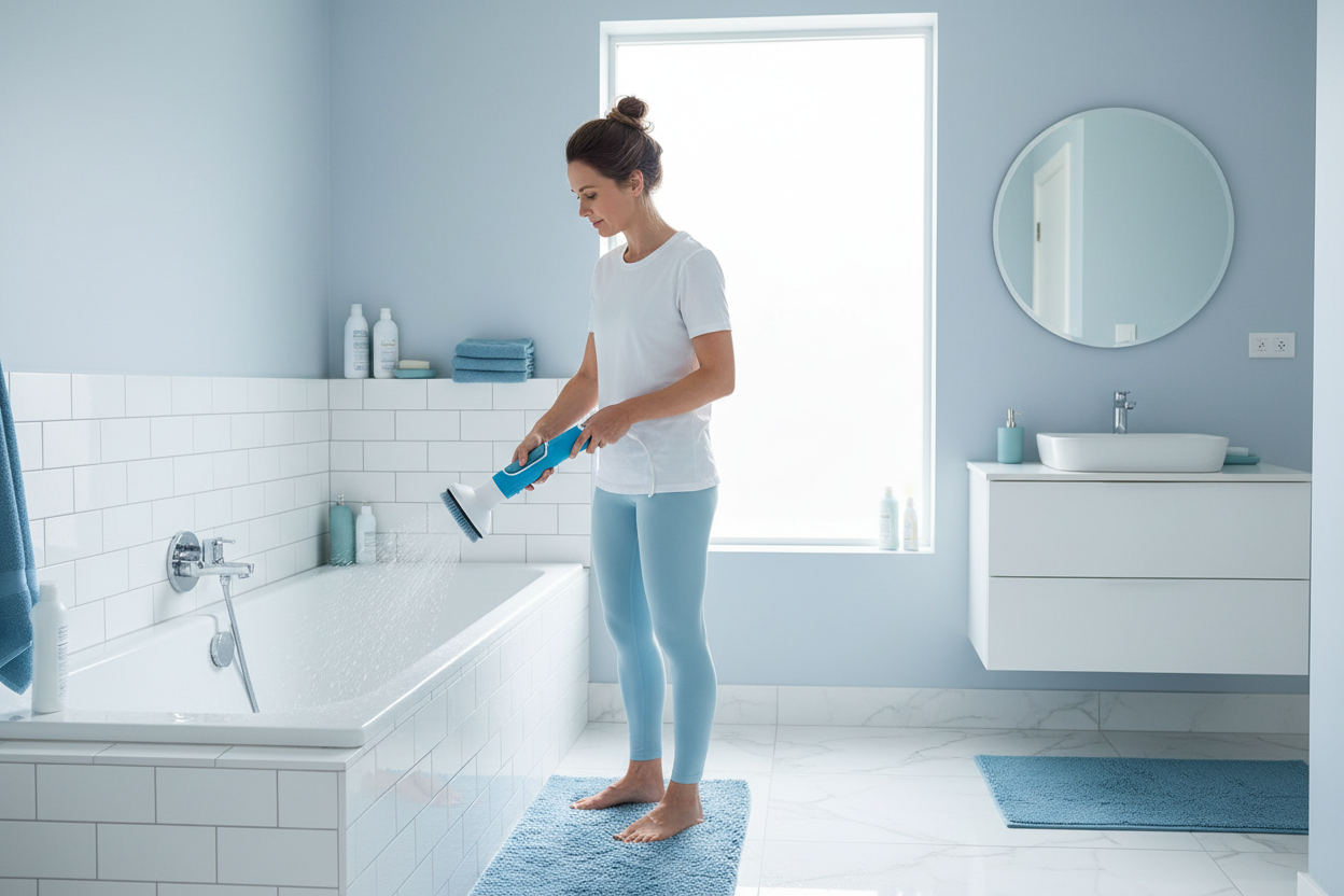 Woman cleaning bathroom with spin brush